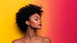 © NaphakStudio - profile portrait of woman with natural curly hair against vibrant gradient background, showcasing beauty and confidence. Her skin glows with warm tone.