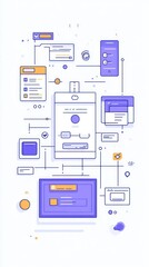 abstract illustration of a user interface flow with various screens and elements.