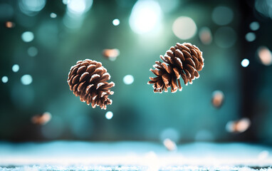 Wall Mural - Pinecones suspended in a serene winter forest with soft snowflakes gently falling around them