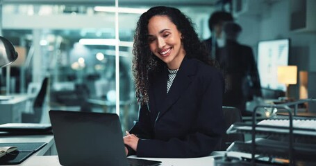 Poster - Business, woman and face with laptop in office for stock market trends and smile for cryptocurrency investment. Night trading, research and employee with online portfolio review and project proposal