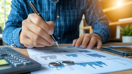 Wall Mural - a person in a blue checkered shirt analyzes financial charts and graphs while using a pen, calculato