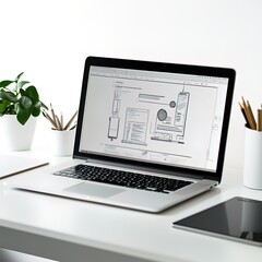 laptop displaying app design on a white desk with plants and pencils.