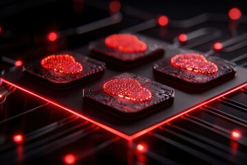 Poster - a computer chip with four red squares on it