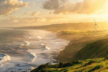 Canvas Print - Serene coastal landscape at sunset with gentle waves crashing on cliffs and wind turbines in the distance, showcasing the beauty of nature.