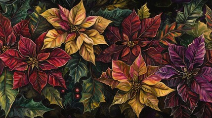 Aufkleber - A rich assortment of poinsettias in red, yellow, and purple shades surrounded by lush green leaves. This captivating arrangement brings a festive winter spirit to any setting