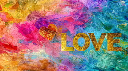 Poster - A vibrant display of colors showcases the word love along with a heart symbol, creating an expressive and uplifting design