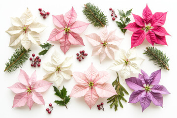 Poster - Various poinsettias in shades of pink, white, and purple are artistically arranged with festive greenery and berries for decoration