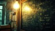 © Madhan - A dimly lit room featuring a chalkboard with various calculations.
