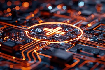 Wall Mural - a computer chip with an orange cross on it