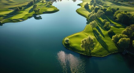 Wall Mural - Serene aerial view of a lush green golf course with a calm lake reflecting the surrounding trees and landscape under a bright blue sky.