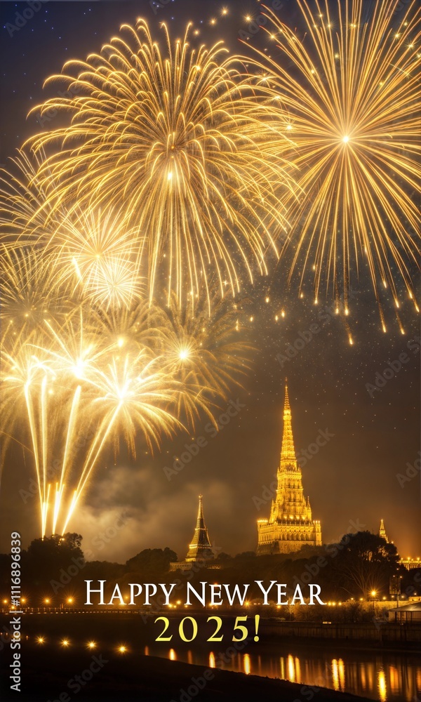 Sparkling gold fireworks light up the night sky. Happy New Year 2025 ...
