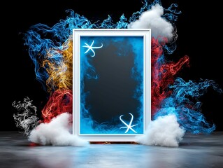 Poster - A vibrant, illuminated frame surrounded by colorful smoke and clouds, creating a mystical and artistic atmosphere.