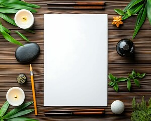 Canvas Print - a serene workspace featuring blank paper surrounded by natural elements, candles, and artistic tools