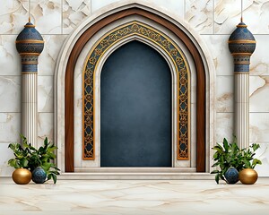 Wall Mural - A beautifully designed archway with ornate decorations and potted plants, set against a marble wall, creating an elegant and inviting atmosphere.