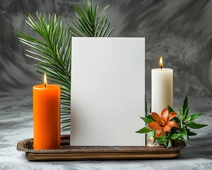Wall Mural - A serene display featuring a blank canvas, surrounded by candles, greenery, and a vibrant flower, perfect for artistic arrangements or seasonal decor.