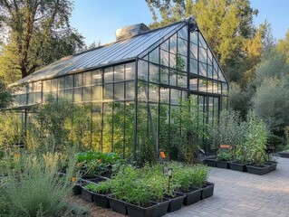Wall Mural - large greenhouse with automated watering systems for plant growth