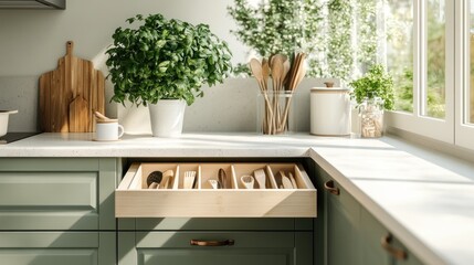 Sunlit kitchen corner with open utensil drawer, herbs, and wooden cutting boards.