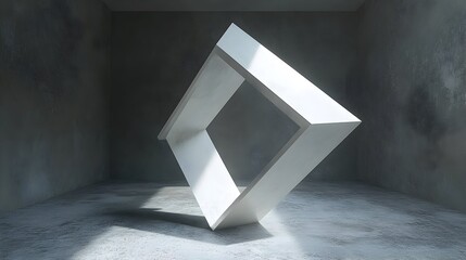 Wall Mural - Abstract white geometric shape in a grey room, illuminated by sunlight casting shadows on the floor.