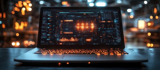 Modern laptop with glowing screen displaying digital data.