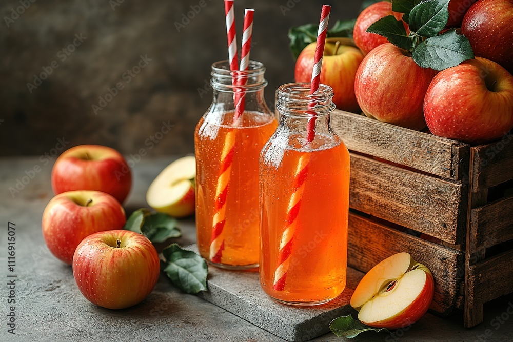 Two bottles of apple juice with straws and a crate of apples Stock ...
