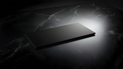 Wall Mural - Black rectangular object on dark marble surface, illuminated from above.