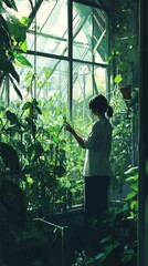 Wall Mural - worker in a tomato greenhouse, checking plants health