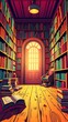 © Malakai - Vibrant Illustrated Book Room With a Wooden Setting. Generative AI
