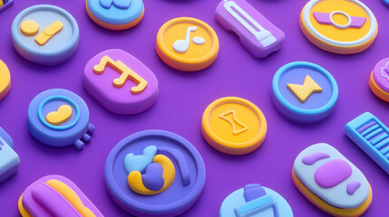 Wall Mural - Colorful 3D icons on purple background; music, user profile, and other symbols.