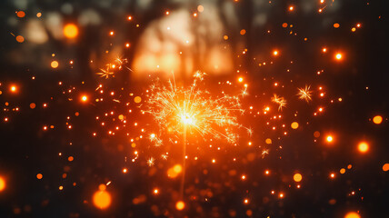 Sticker - A bright orange sparkler is lit in the dark. The sparkler is surrounded by a lot of bright orange sparks