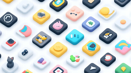 Wall Mural - Colorful isometric app icons on white background.