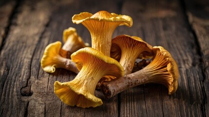 Fresh yellow delicious vegetarian chanterelle mushroom with beautiful texture of its cap on wooden background, conceptual of the autumn or fall season