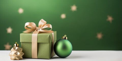 Wall Mural - Green christmas background with gift, decorations and copy space