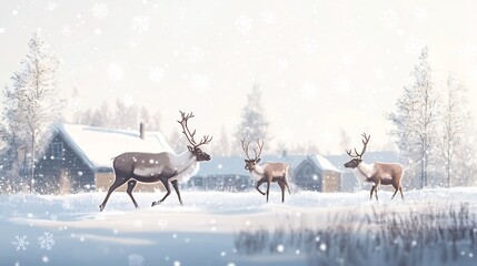 Canvas Print - Winter Wonderland: Reindeer in a Snowy Village