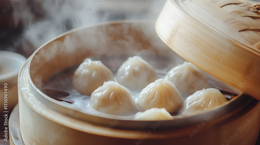 Opening a bamboo steamer to reveal freshly steamed dim sum with steam ...