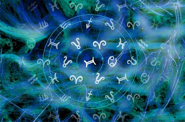 Wall Mural - astrology wheel and horoscope signs at night sky