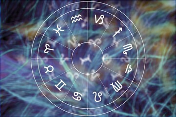 Wall Mural - astrology wheel and horoscope signs at night sky