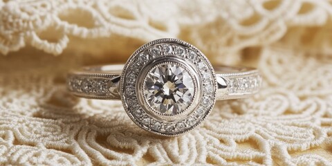 Vintage-style diamond ring on an antique lace cloth, evoking timeless elegance and romance. 