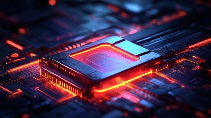 Futuristic glowing CPU on a motherboard.