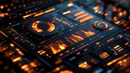 Futuristic interface with glowing orange and blue lights.
