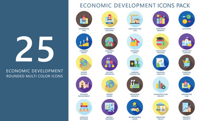 Economic development rounded color icons set. contain construction site, crisis, exchange, investment, innovation, export and more. Vector EPS 10 for UI or UX kit, web and app, business, finance.