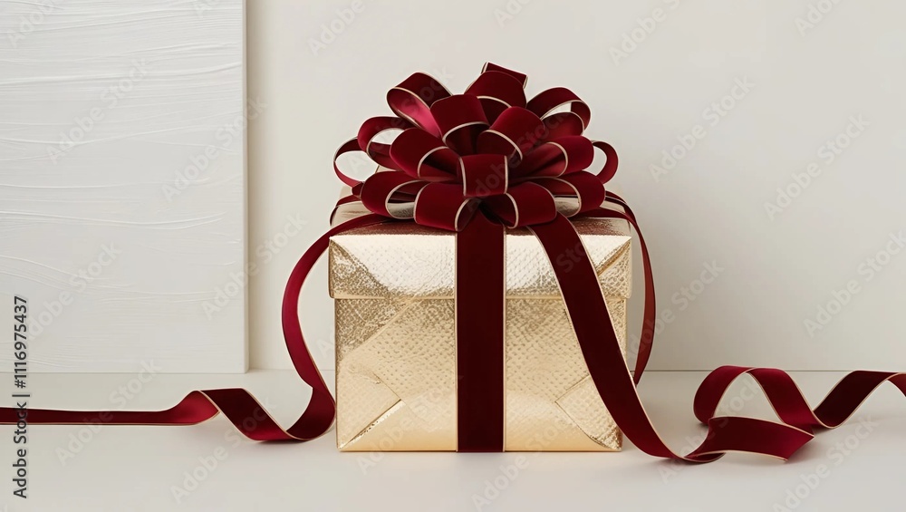 beautifully wrapped gift box in golden paper with a red ribbon tied ...