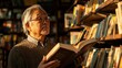 © ALLAI - Elderly man reading a book in library, promoting lifelong learning and wellness
