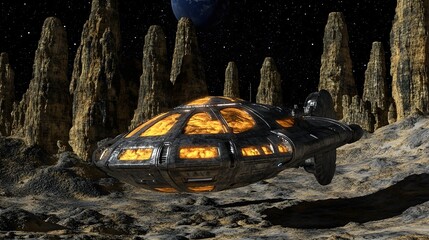 Wall Mural - futuristic spaceship landing on an alien planet with tall rock formations and a distant planet in th
