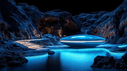 Wall Mural - futuristic spaceship-like structure nestled in a dark, rocky landscape, illuminated by blue lights.