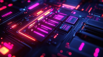 Futuristic neon glowing circuit board with digital interface.