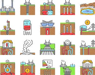 Wall Mural - geothermal energy power plant icons set vector. green generator, heat electric industry pump, ground source thermal station biomass geothermal energy power plant color line illustrations