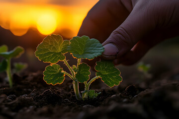 Canvas Print - Hand gently touching a young plant seedling growing in soil at sunset.