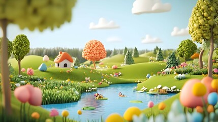 Poster - Idyllic spring landscape with colorful hills, lake, house, and trees.