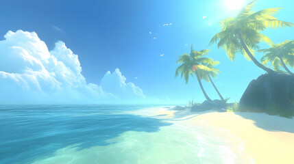 Poster - Idyllic tropical beach scene with palm trees, white sand, turquoise water, and bright sunshine.