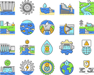 Poster - hydroelectric power plant energy icons set vector. hydro dam, station generator, water electricity green, electric industry hydroelectric power plant energy color line illustrations